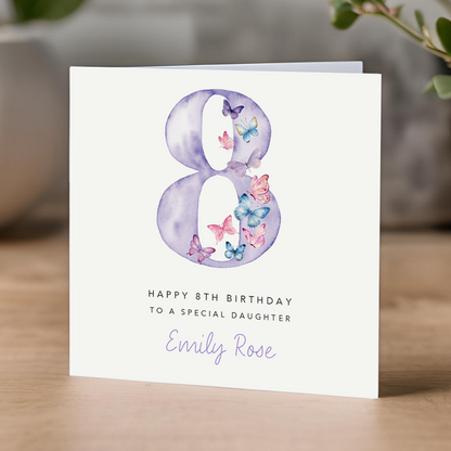 Purple Butterflies 8th Birthday Card