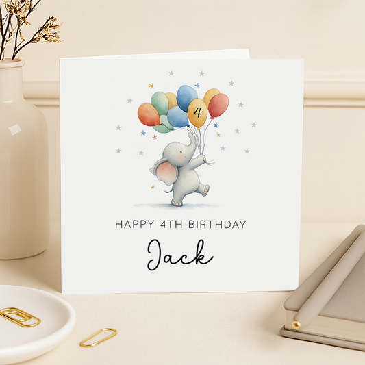 Elephant & Balloons Birthday Card - just name