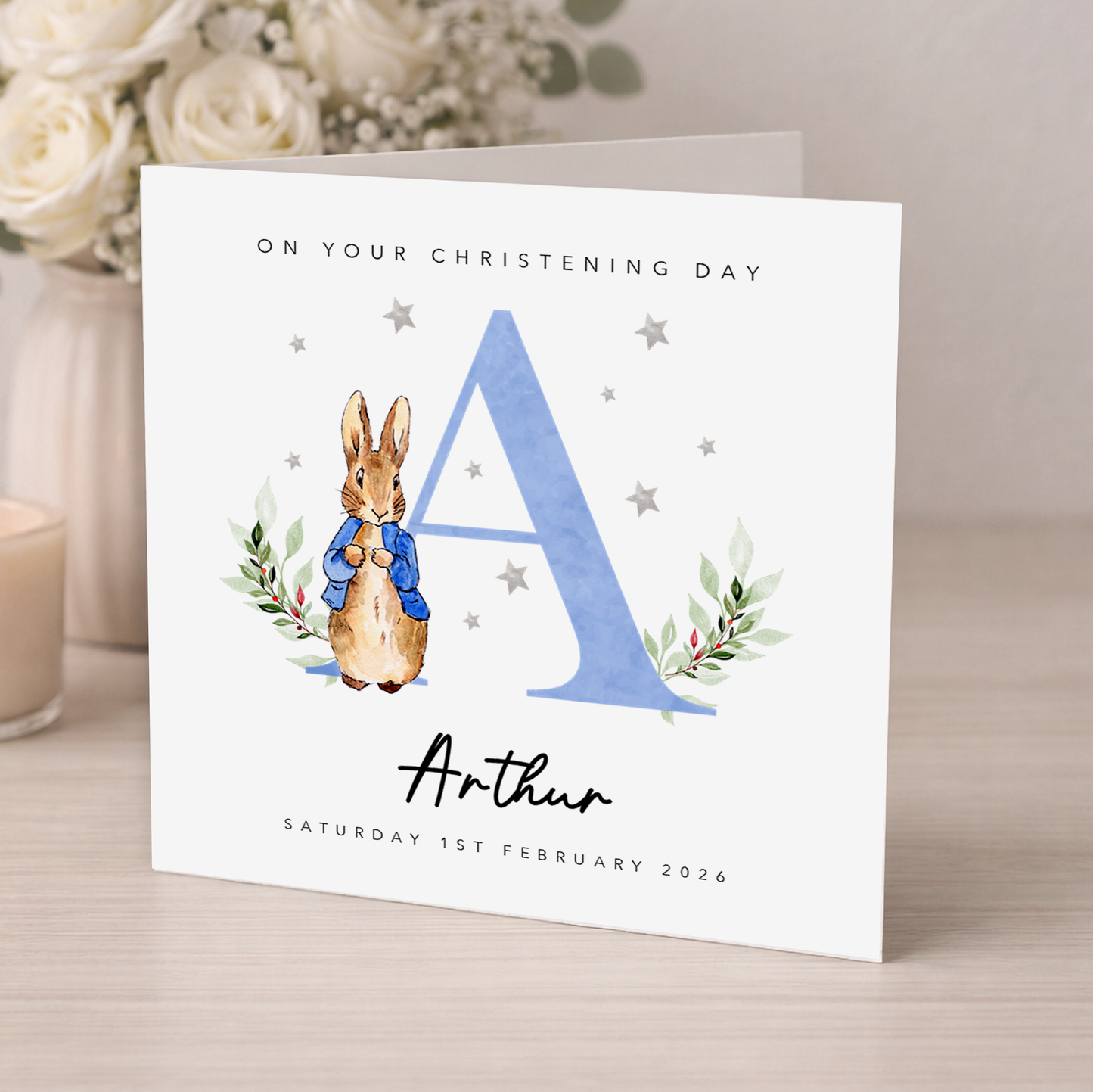 Blue Initial Christening Card
