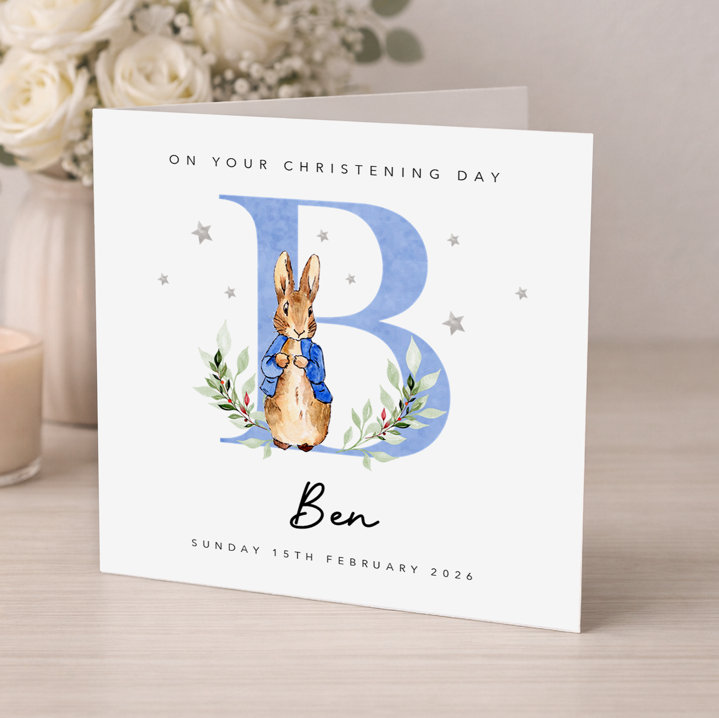 Blue Initial Christening Card