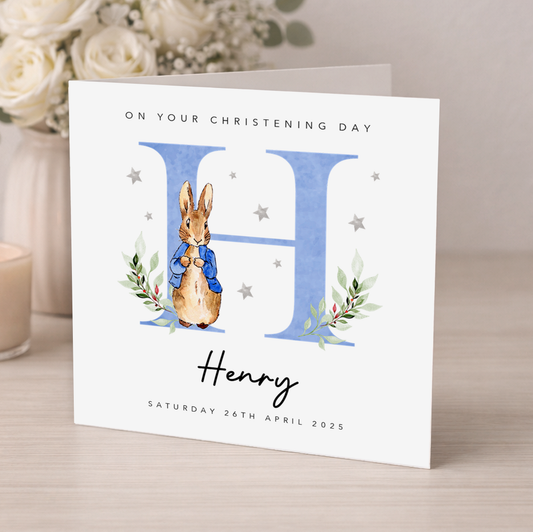 Blue Initial Christening Card
