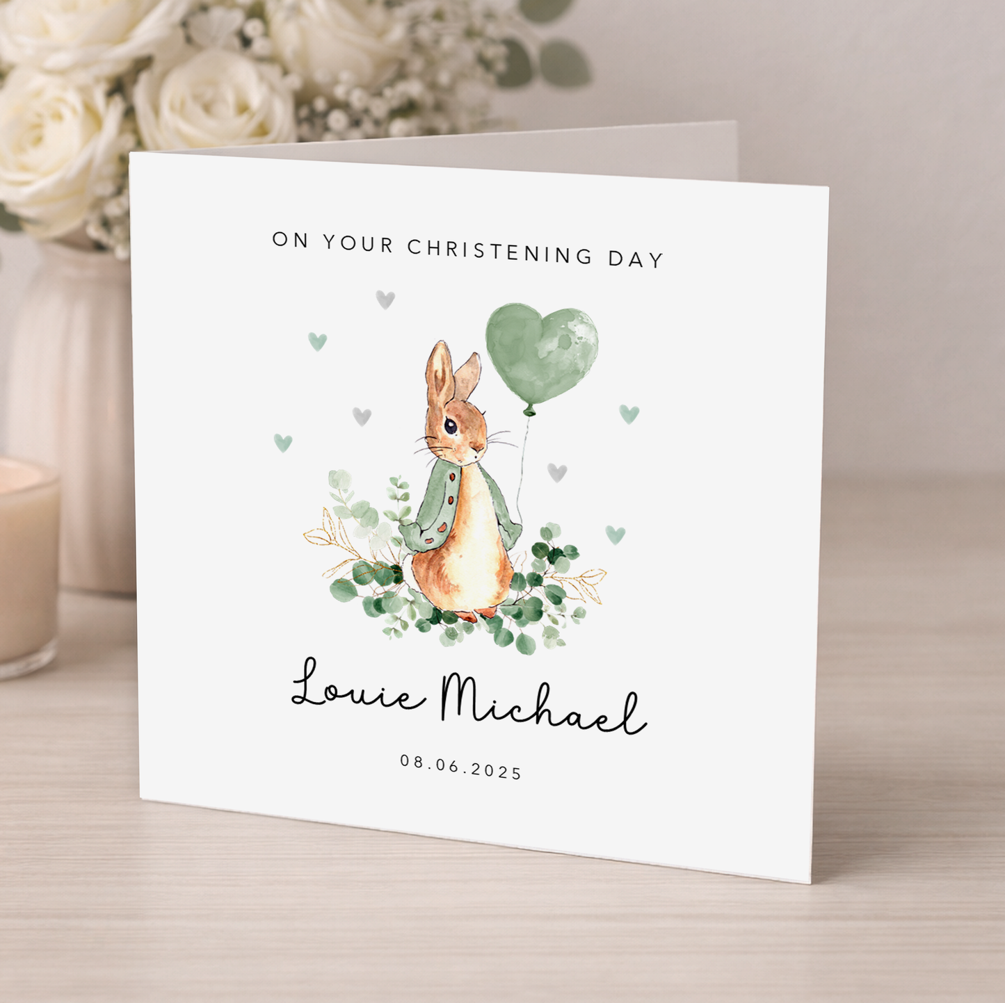 Classic Bunny Rabbit Christening Card - Green Balloon