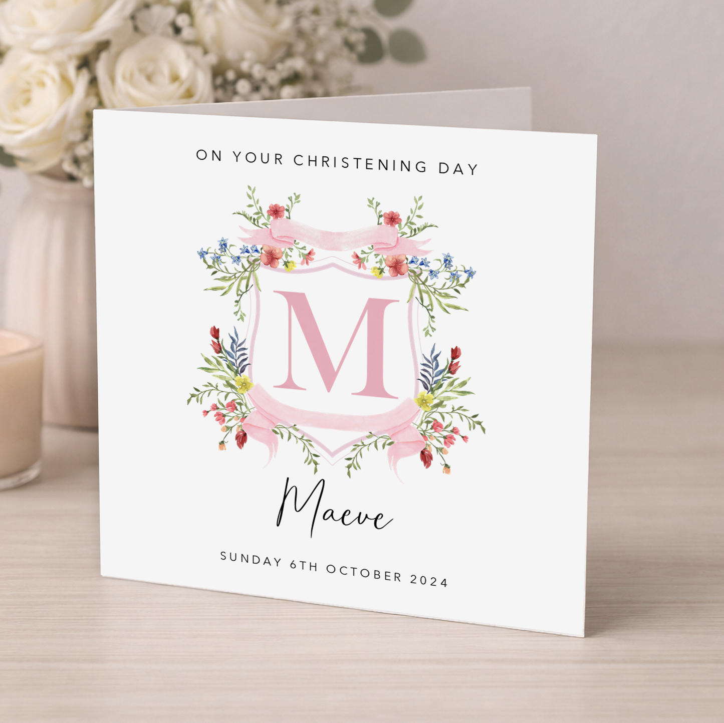 Personalised Christening Card - Pink Floral Crest Initial