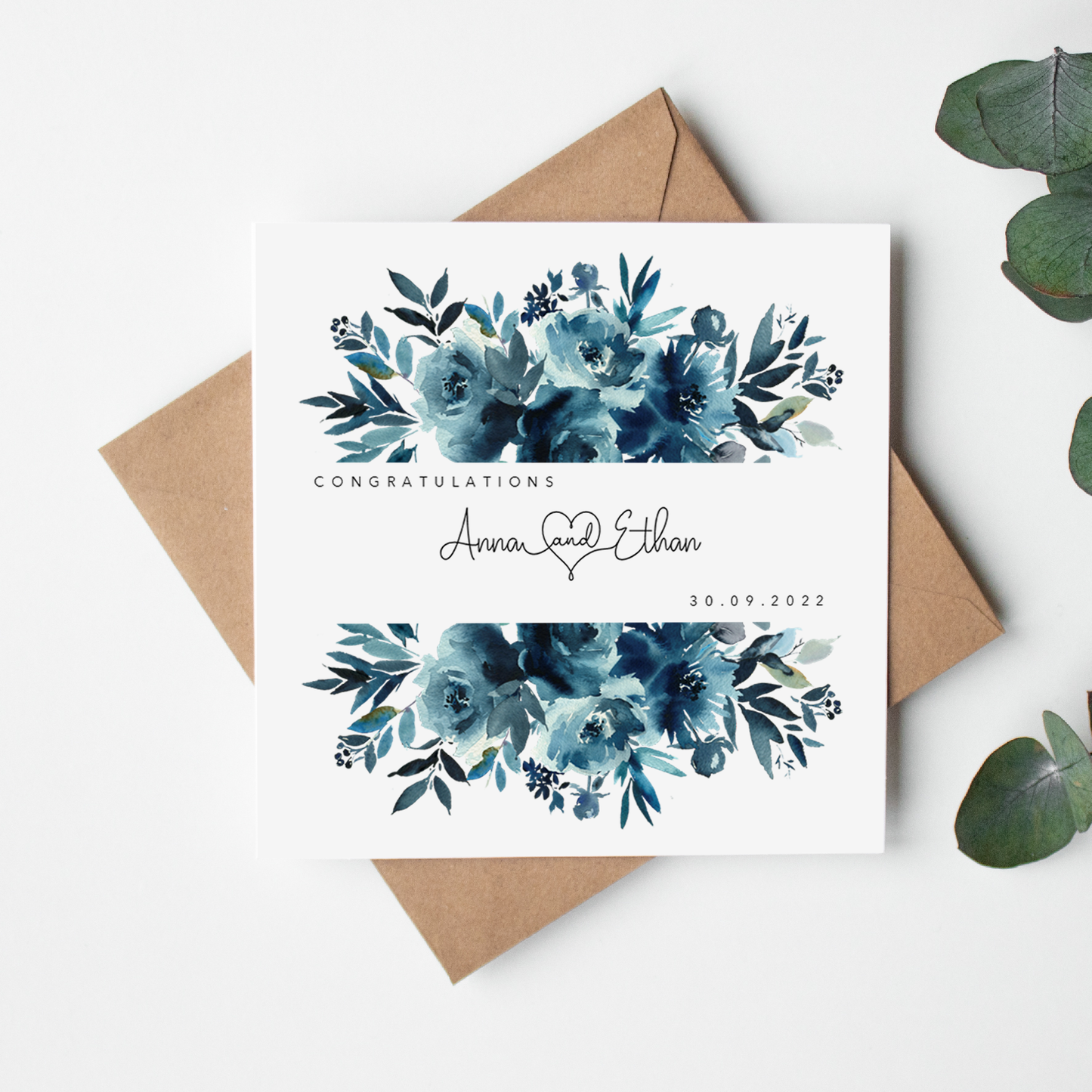 Indigo Flowers Personalised Wedding Card
