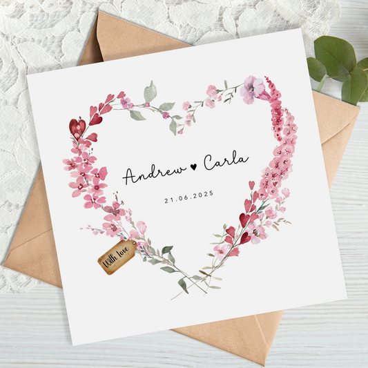 Pink Floral Heart Wreath Wedding Card