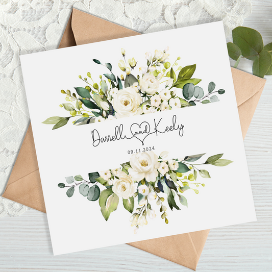 White Roses Floral Wedding Card
