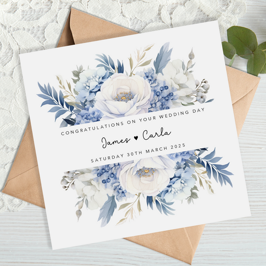Dusky Blue Floral Wedding Card