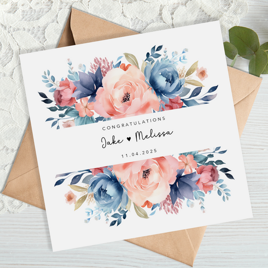 Blue and Blush Floral Wedding Card