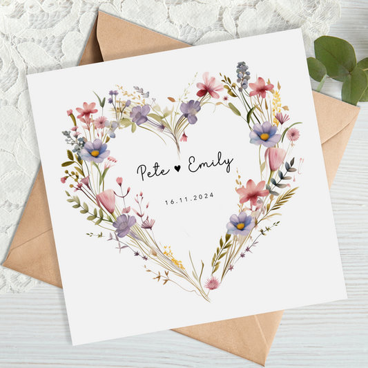 Pink Wild Flower Heart WreathWedding Card
