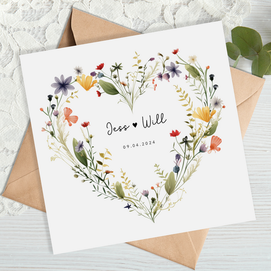 Wild Flowers Heart Wreath Wedding Card
