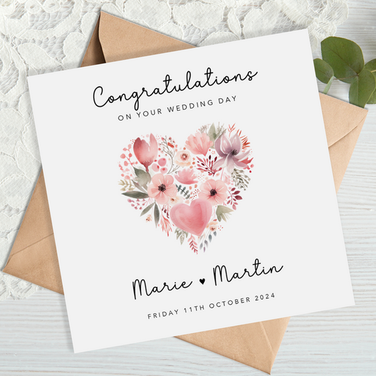 Pink Floral Heart Wedding Card