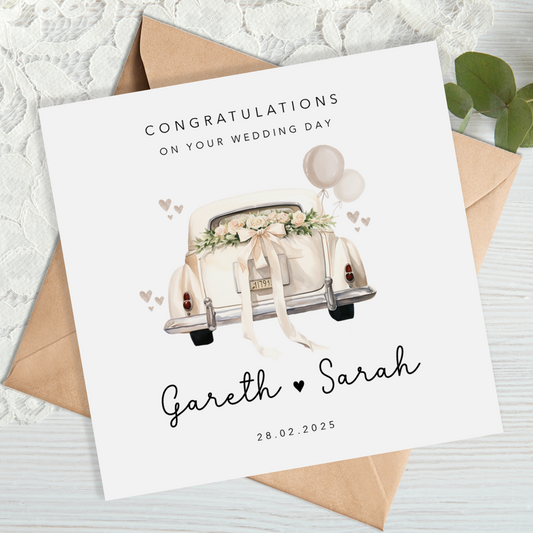 Vintage Car Wedding Card - Natural Beige Balloons