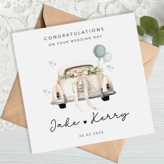 Vintage Car with Green Balloon Wedding Card