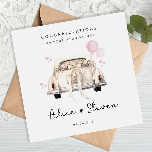 Vintage Car with Pink Balloon Wedding Card