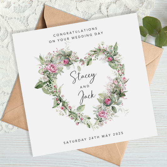 Greenery Heart Wreath with Pink Flowers Wedding Card