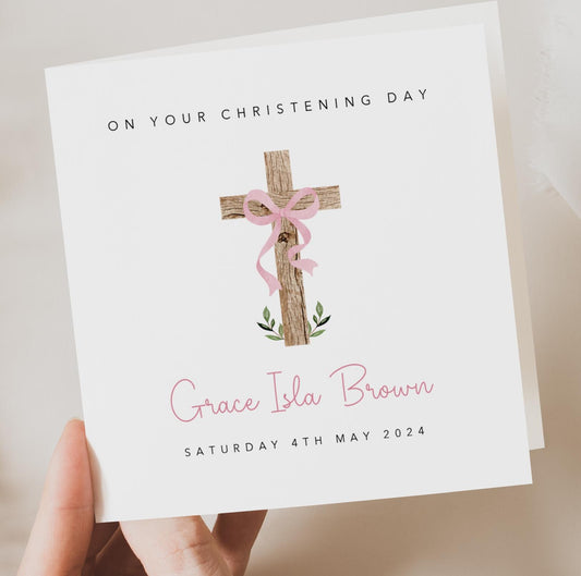 Pink Cross Christening Card