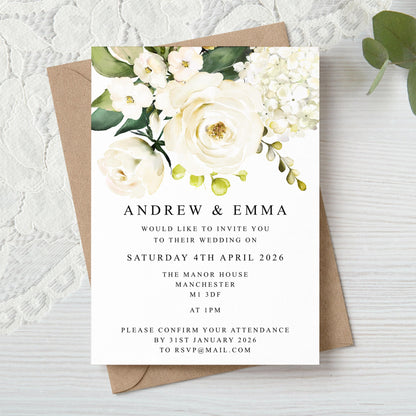 White Roses Floral Wedding Invitation