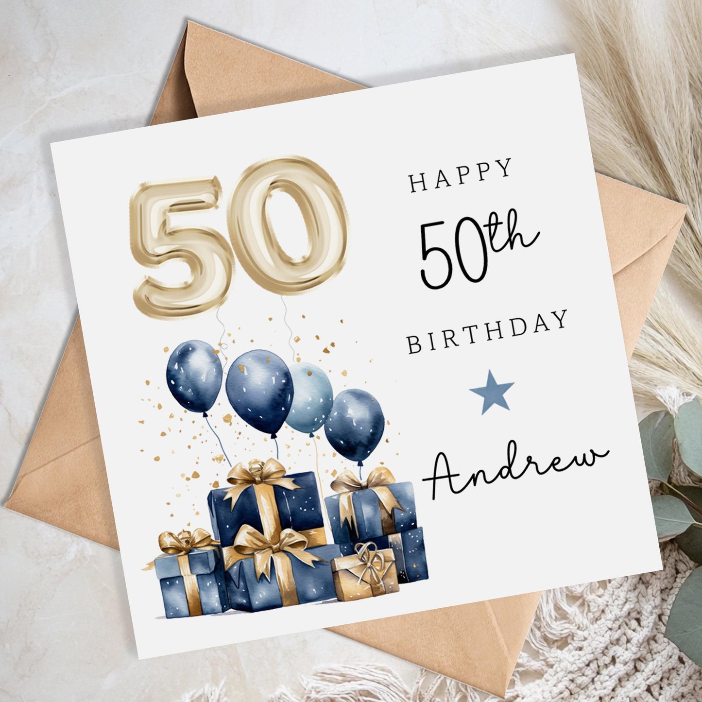 Personalised 50th Birthday Card for Him - Blue and Gold Balloons | B59