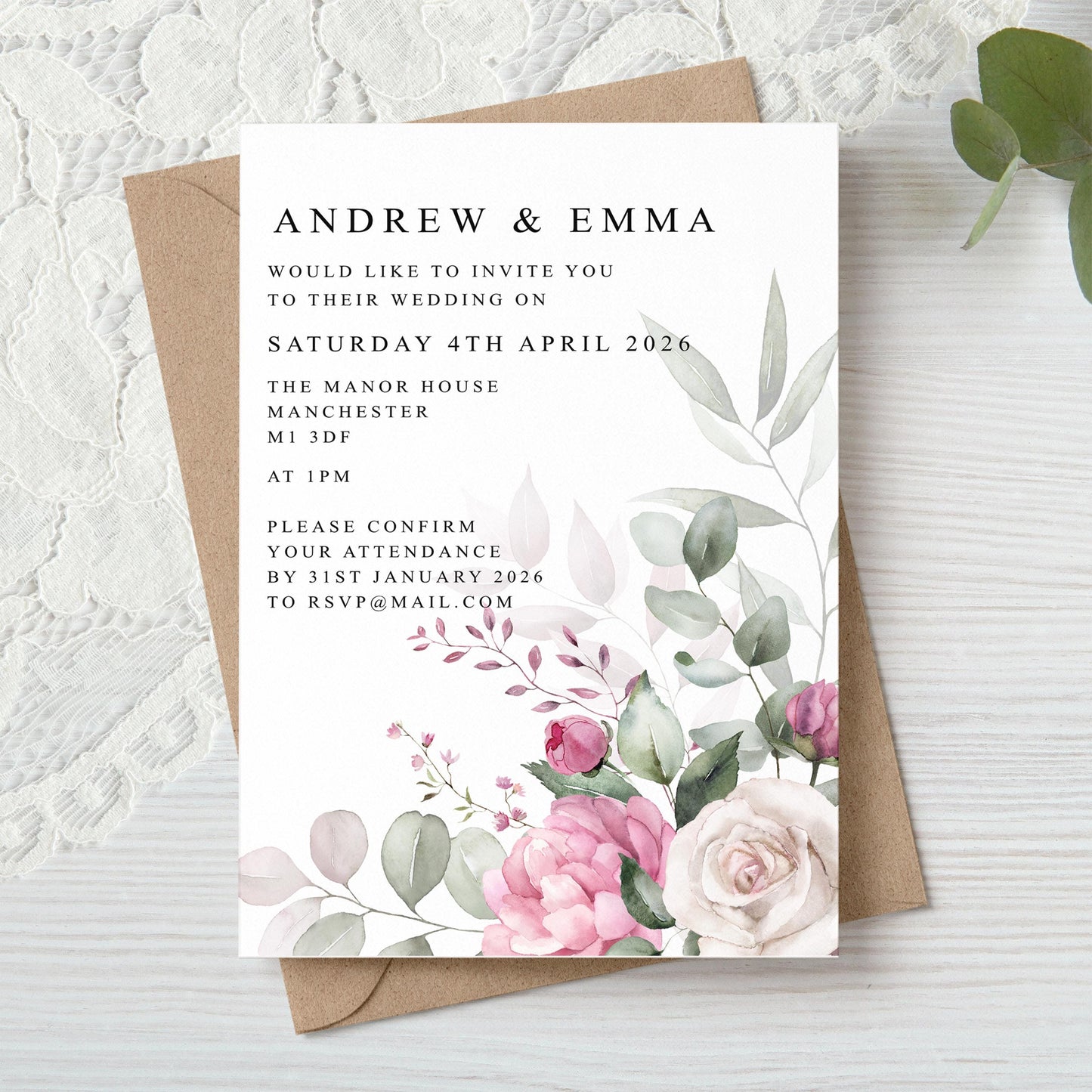 Pink Floral Wedding Invitation