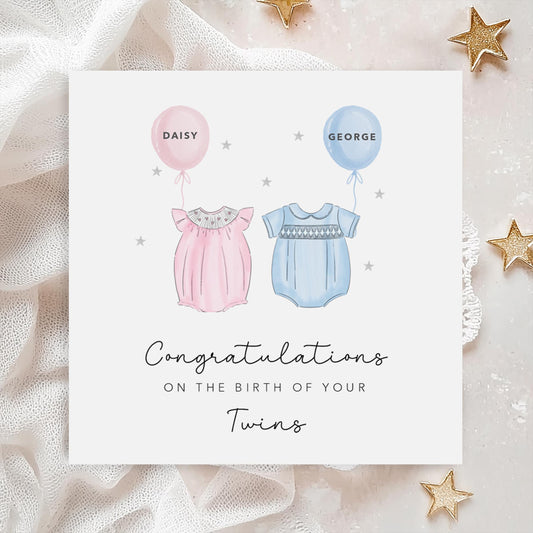 Personalised New Baby Card - Twin Boy and Girl