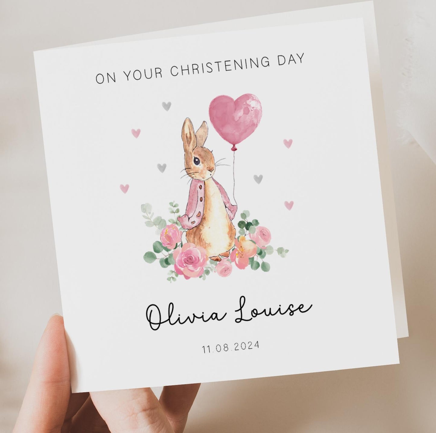 Classic Bunny Rabbit Christening Card - Pink Balloon