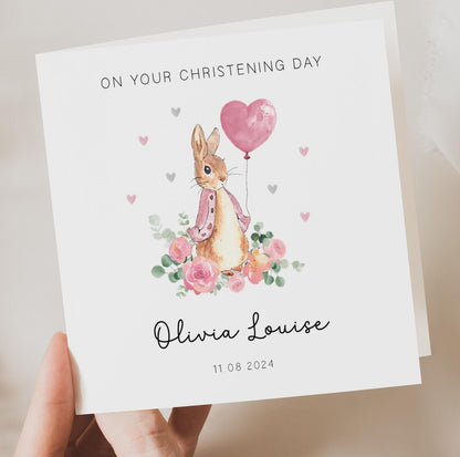 Classic Bunny Rabbit Christening Card - Pink Balloon