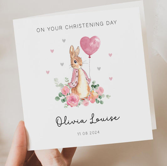 Classic Bunny Rabbit Christening Card - Pink Balloon