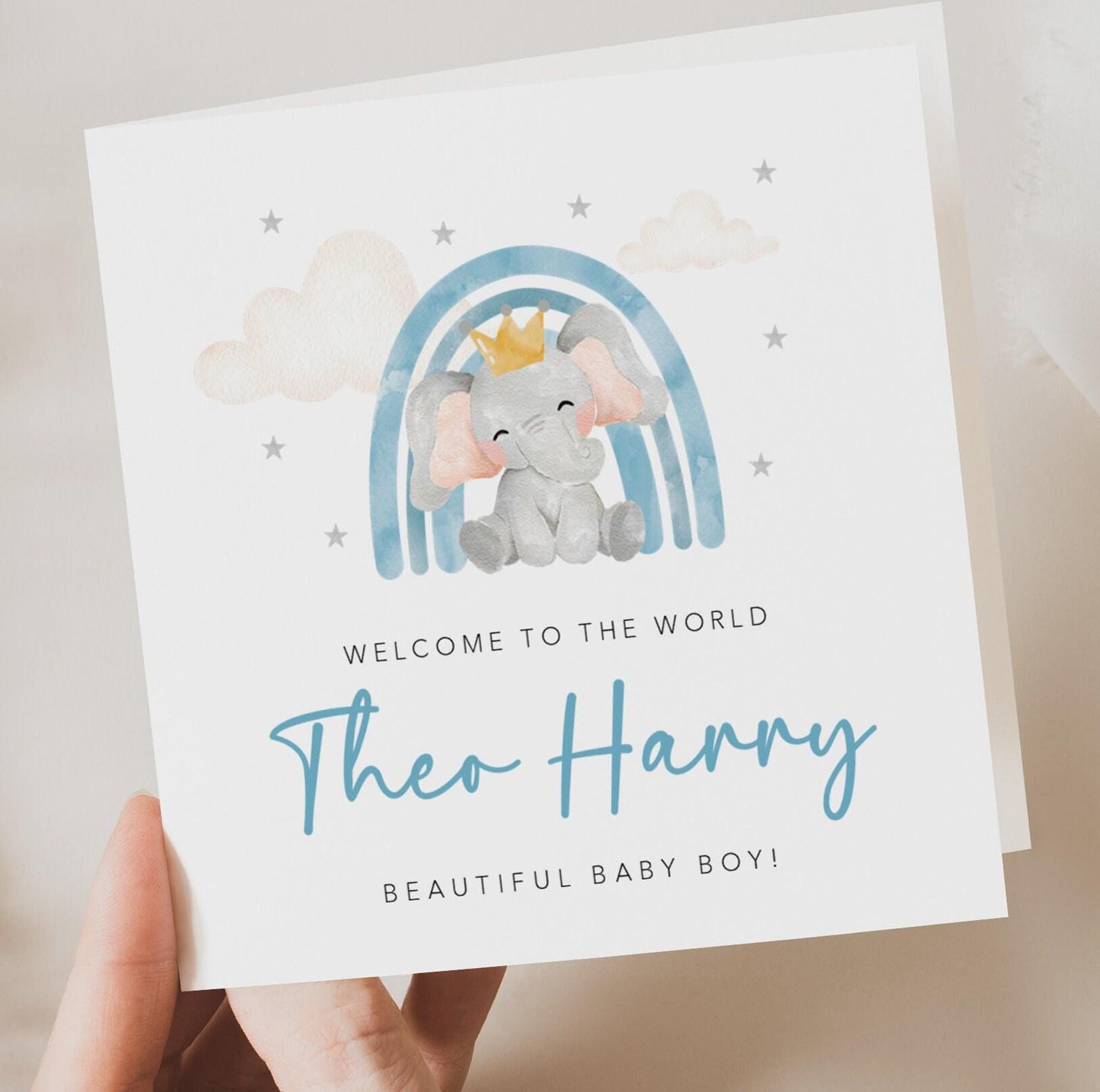 Elephant with Blue Rainbow new baby card