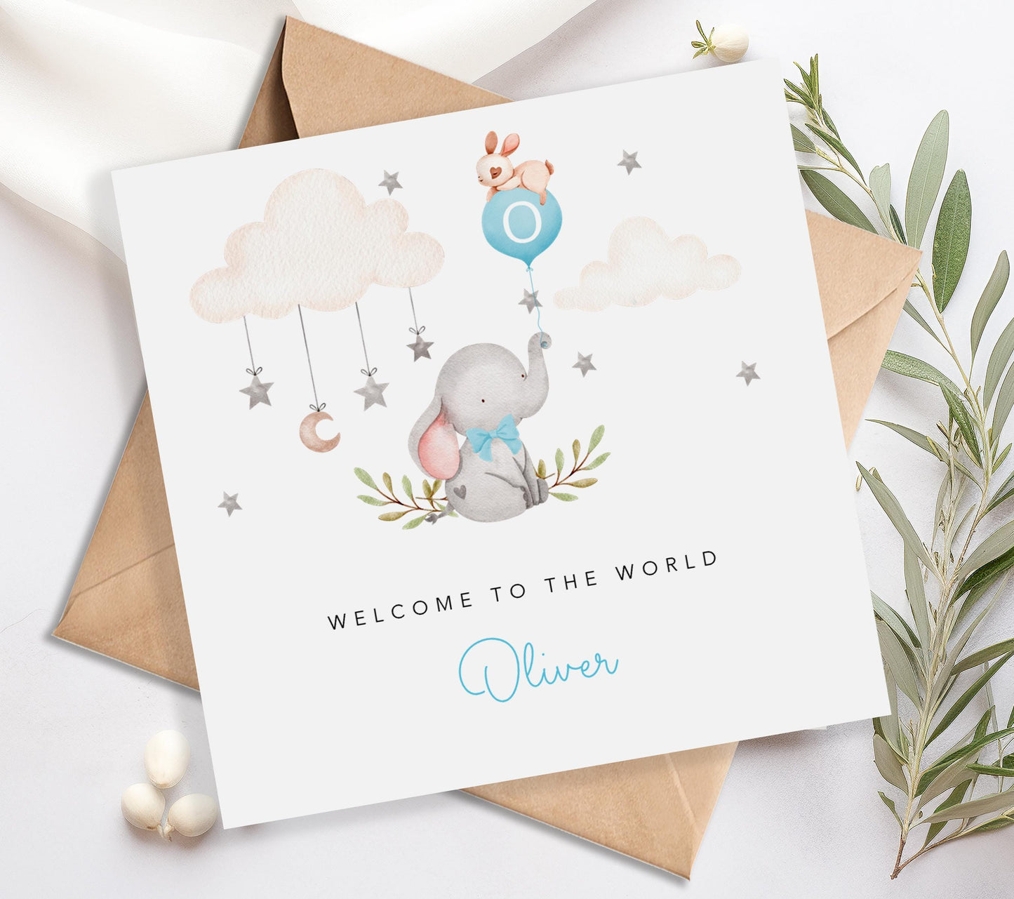 Personalised New Baby Boy Card - Blue Elephant