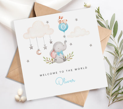 Personalised New Baby Boy Card - Blue Elephant