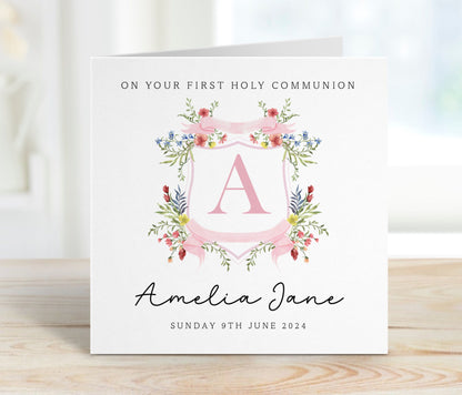 First 1st Holy Communion Card - Pink Floral Crest Initial