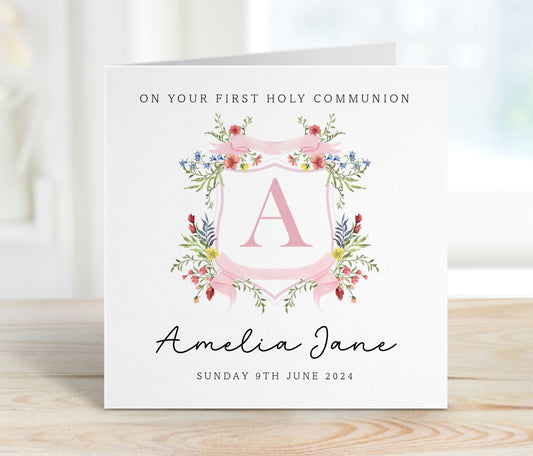 First 1st Holy Communion Card - Pink Floral Crest Initial