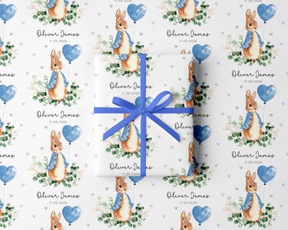 Personalised Blue Rabbit Christening Gift Wrap | Wrapping Paper | WRAP0045