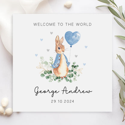 Classic Bunny with Blue Balloon New Baby Card
