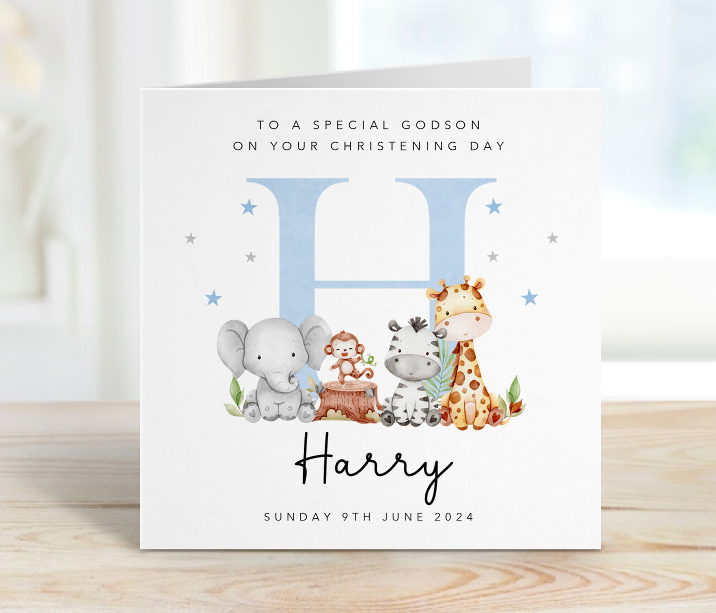 Blue Initial Christening Card with animals