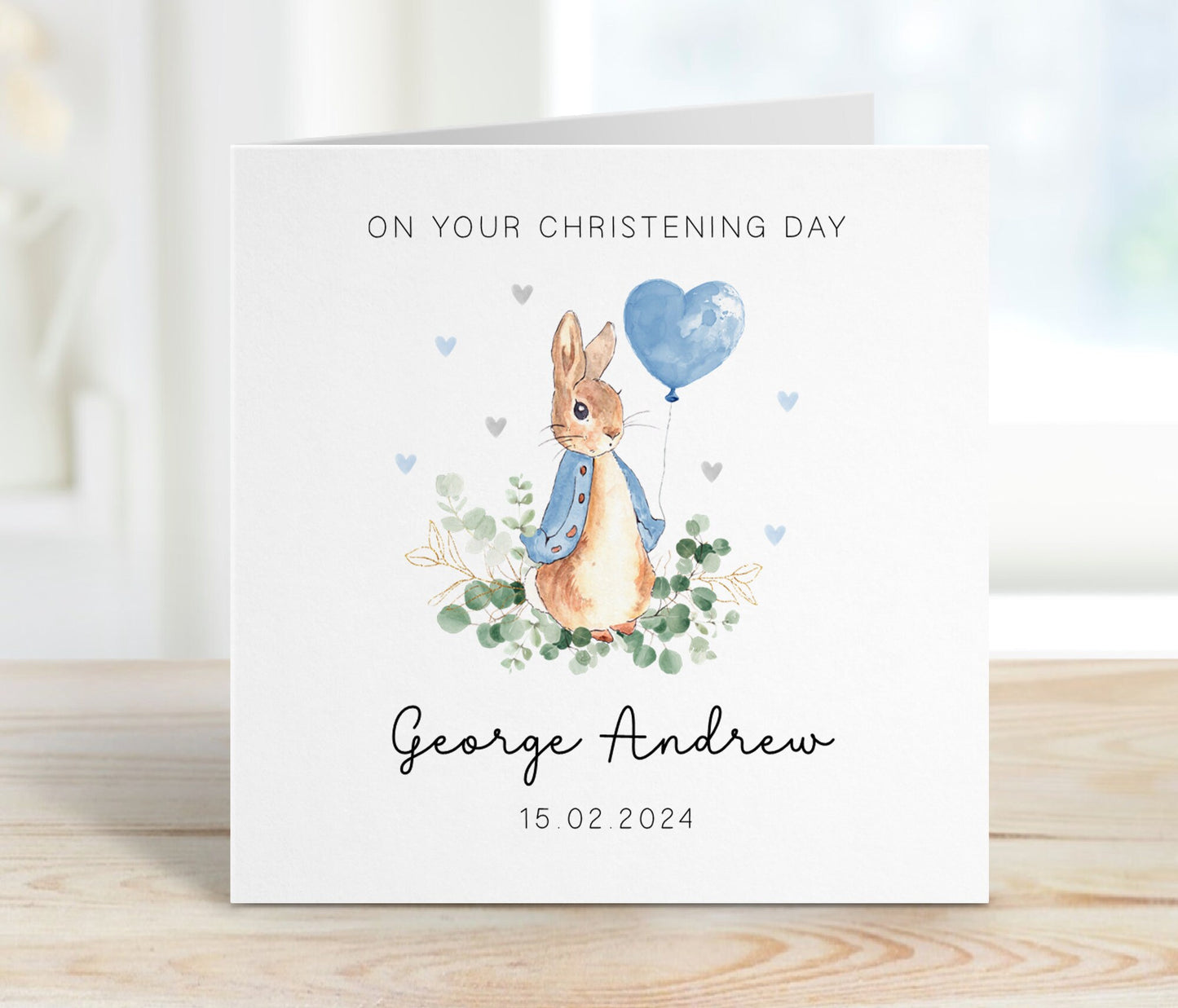 Classic Bunny Rabbit Christening Card - Blue Balloon