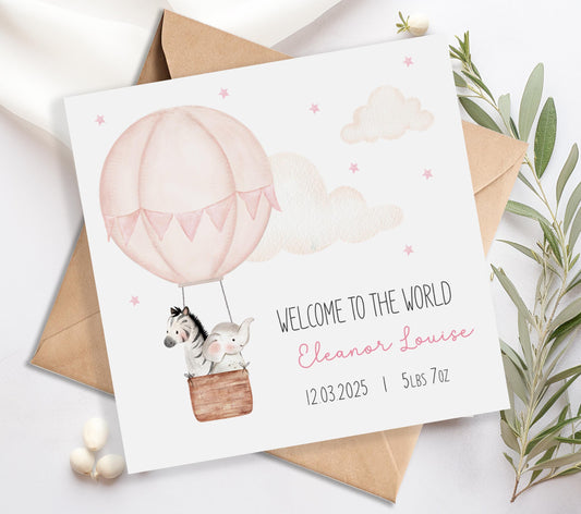 Personalised New Baby Card - Pink Hot Air Balloons with Animals