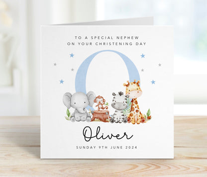 Blue Initial Christening Card with animals