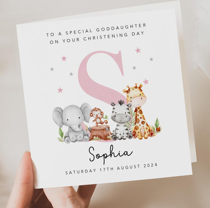 Pink Initial Christening Card with animals