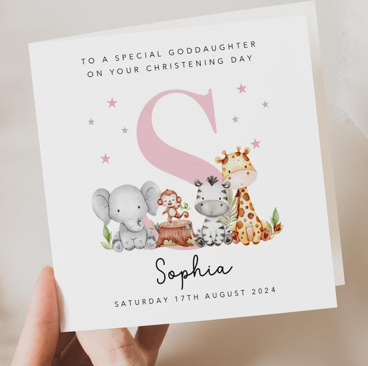 Pink Initial Christening Card with animals