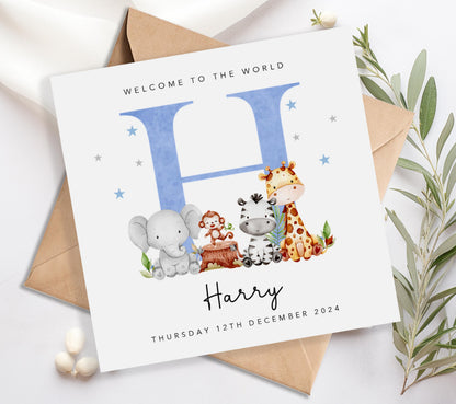 Personalised New Baby Card - Blue Animals