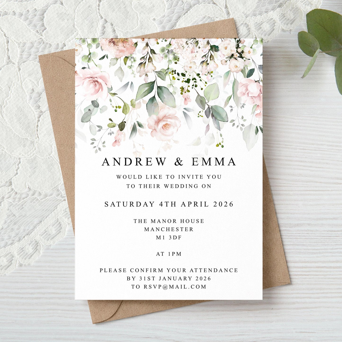 Blush Pink Floral Wedding Invitation