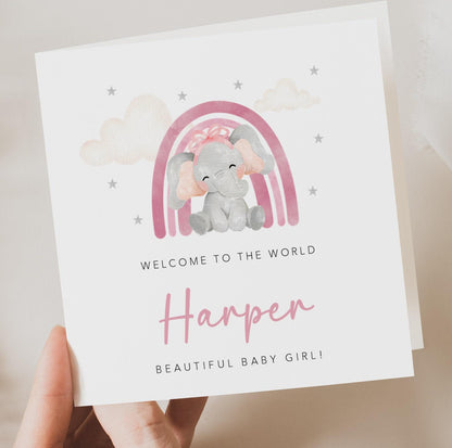 Elephant Pink Rainbow New Baby Card