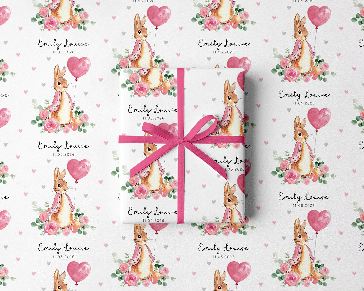 Personalised Pink Rabbit Christening Gift Wrap |  Wrapping Paper |  WRAP0044