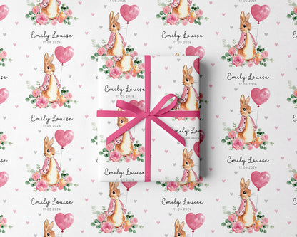 Personalised Pink Rabbit Christening Gift Wrap |  Wrapping Paper |  WRAP0044
