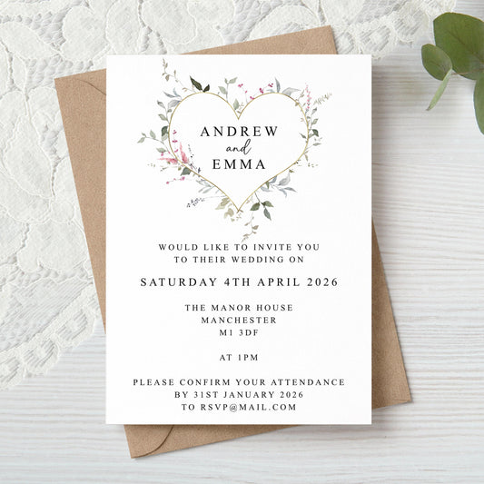 Blush Pink Floral Heart Wreath Wedding Invitation