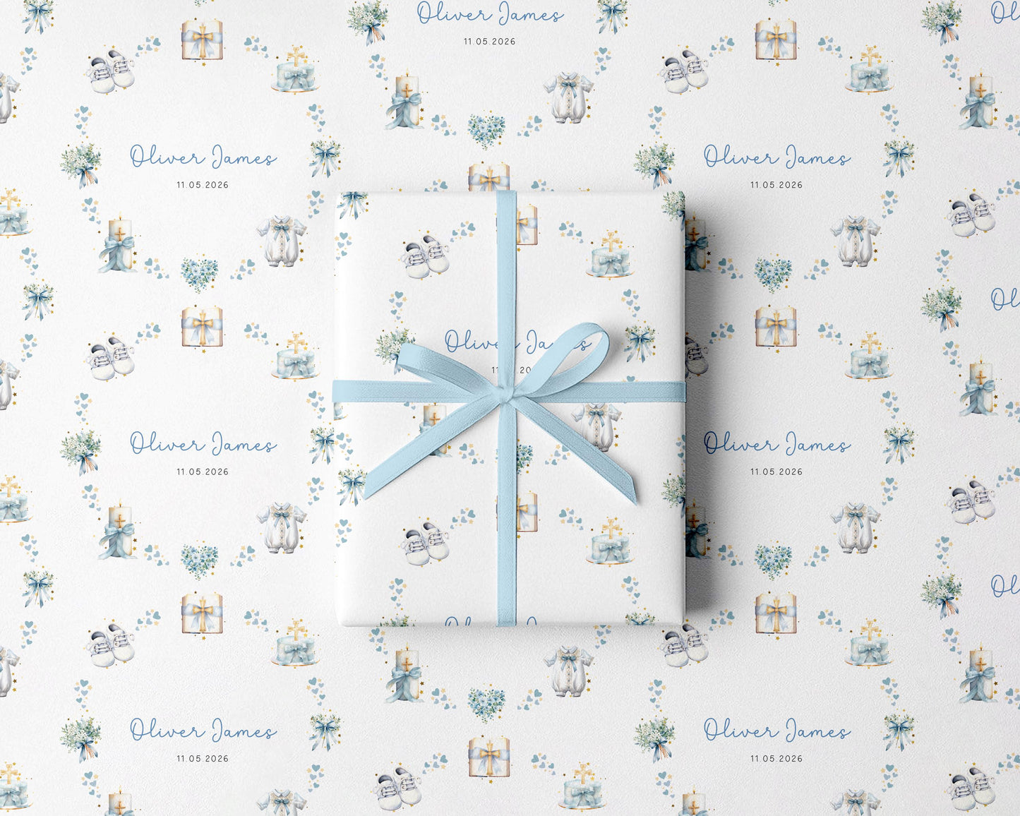 Personalised Blue Christening Gift Wrap | Wrapping Paper | WRAP0042