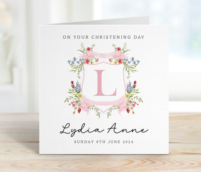 Personalised Christening Card - Pink Floral Crest Initial