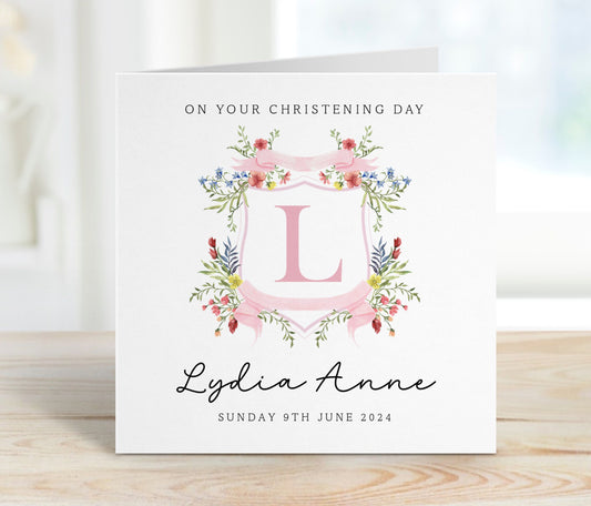 Personalised Christening Card - Pink Floral Crest Initial