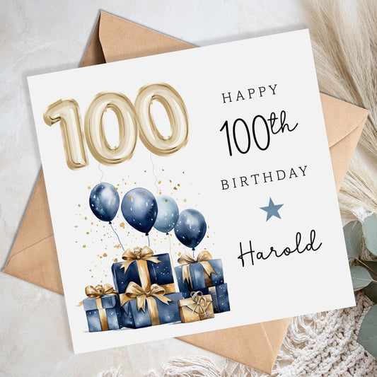 Personalised 100th Birthday Card for Him - Blue and Gold Balloons | B59
